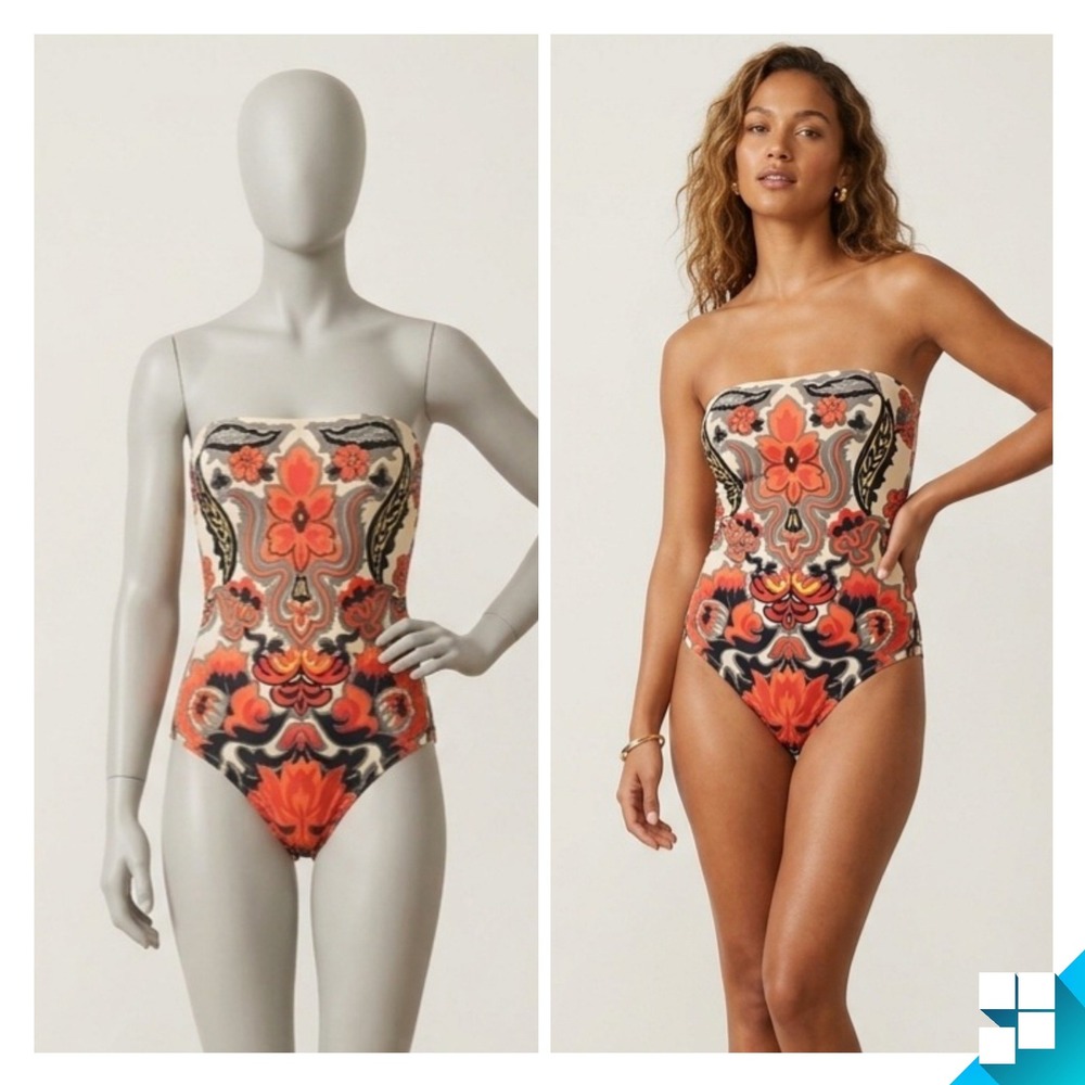 J.Crew Women Orange Black Floral Paisley Bandeau One Piece Swimsuit Size 4